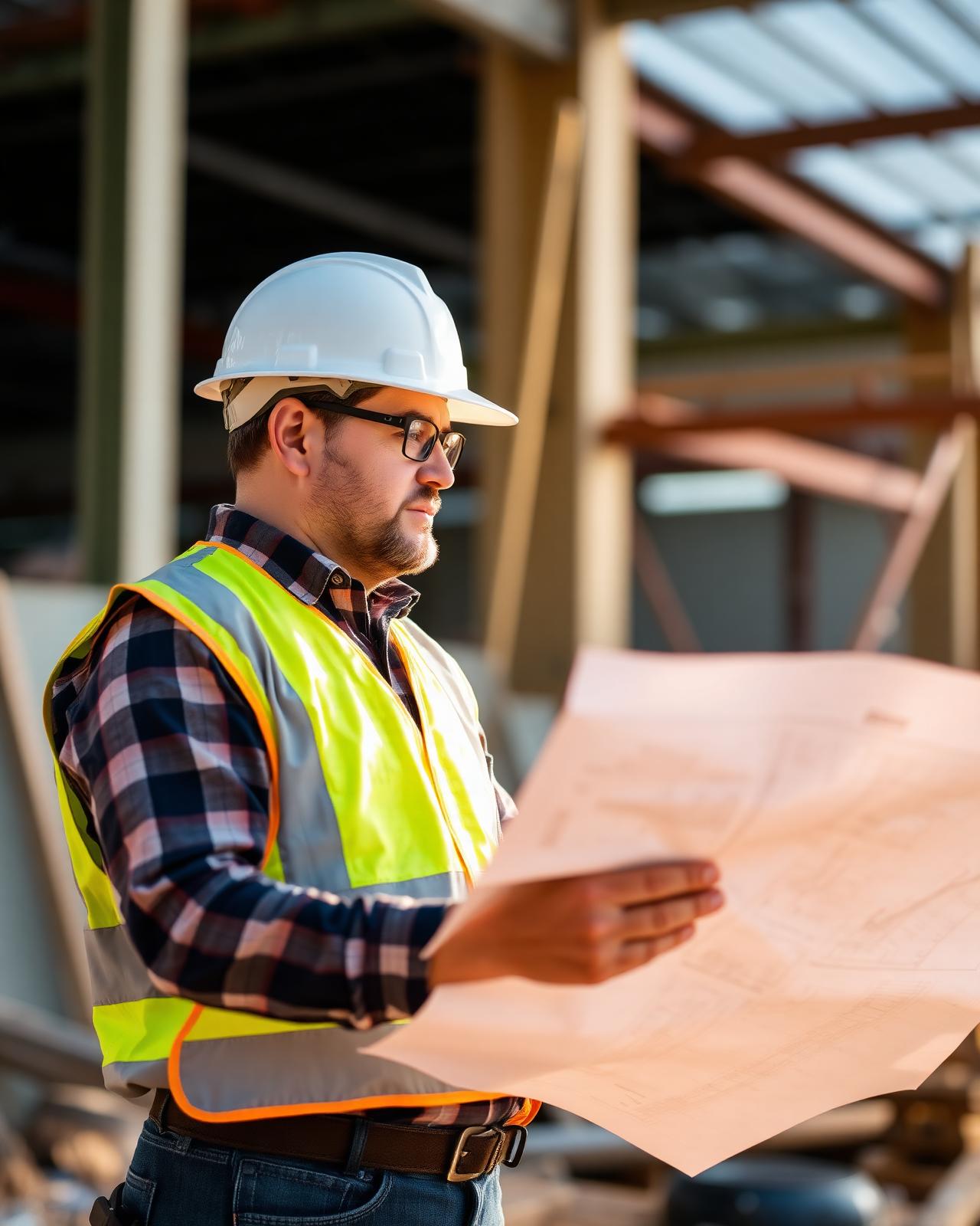TMHDEZ construction foreman reviewing project blueprints on site